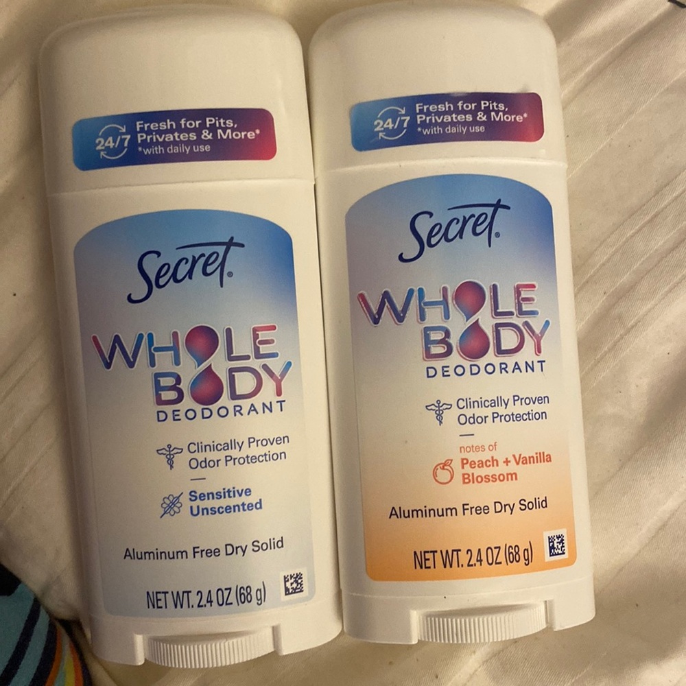 Secret whole body deodorant,2.4.OZaluminum, free,dry solid peach/vanilla blossom